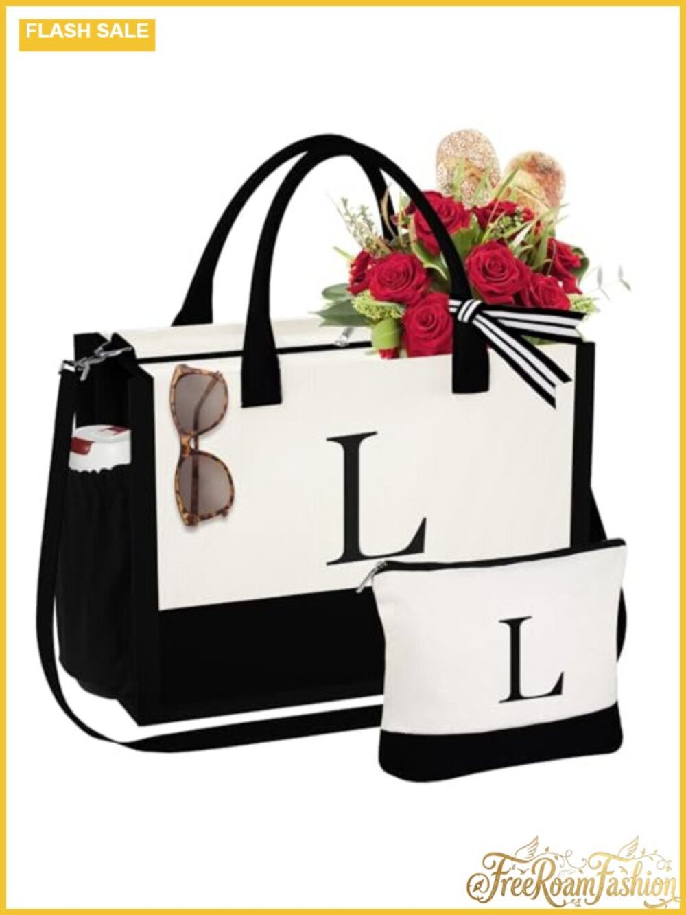 Initial Canvas Tote Bag with Makeup Bag Zip Crossbody Purse Beach